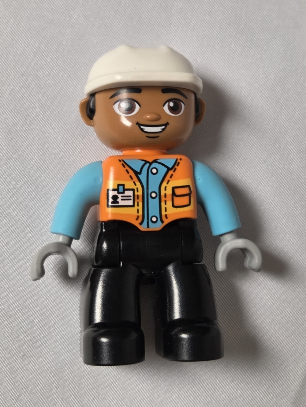 Lego Duplo Construction Worker Minifigure - Orange Vest, Blue Arms, White Helmet